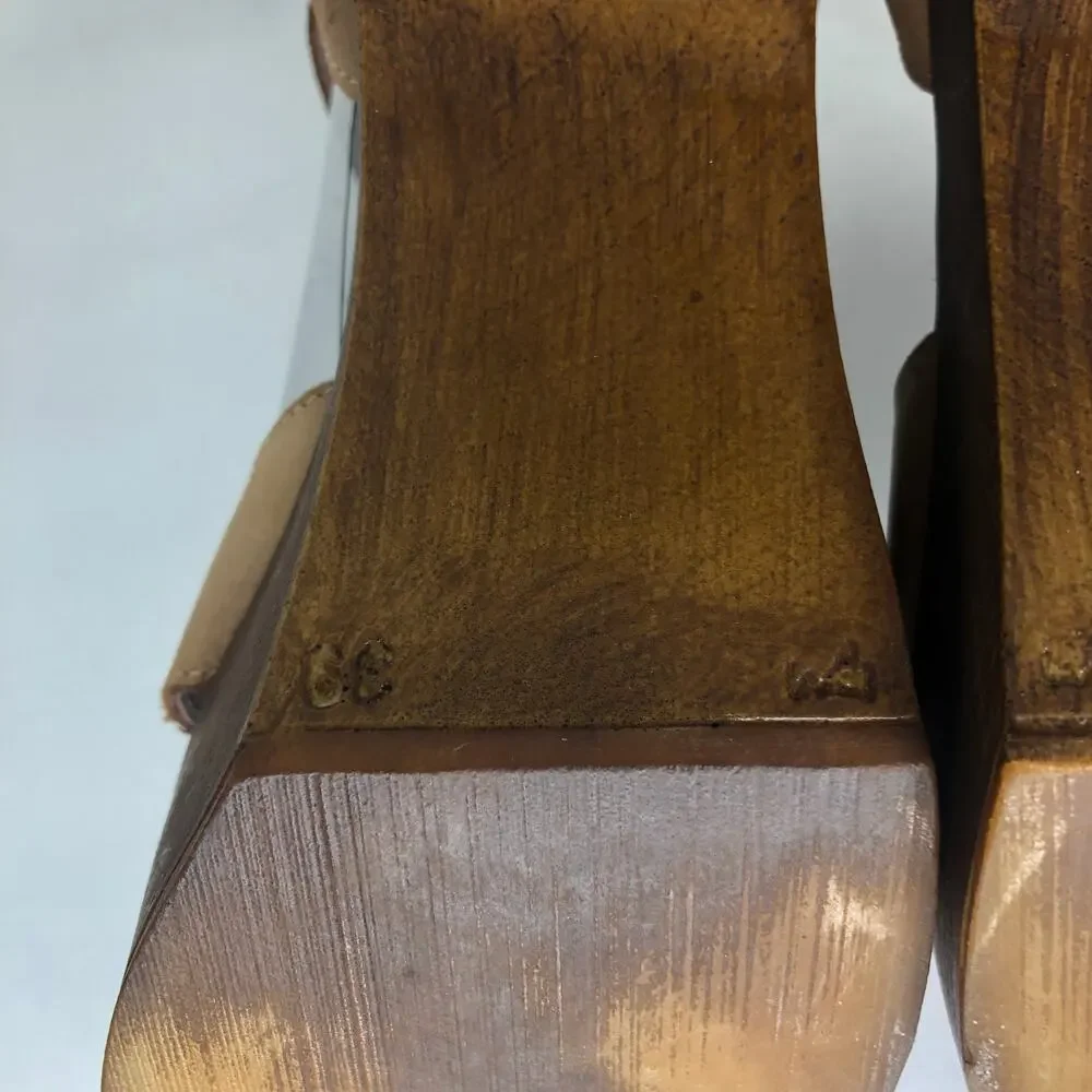 Anthropologie Musse & Cloud Sandal Platform Wood Heel Tan Leather Cross Strap 39